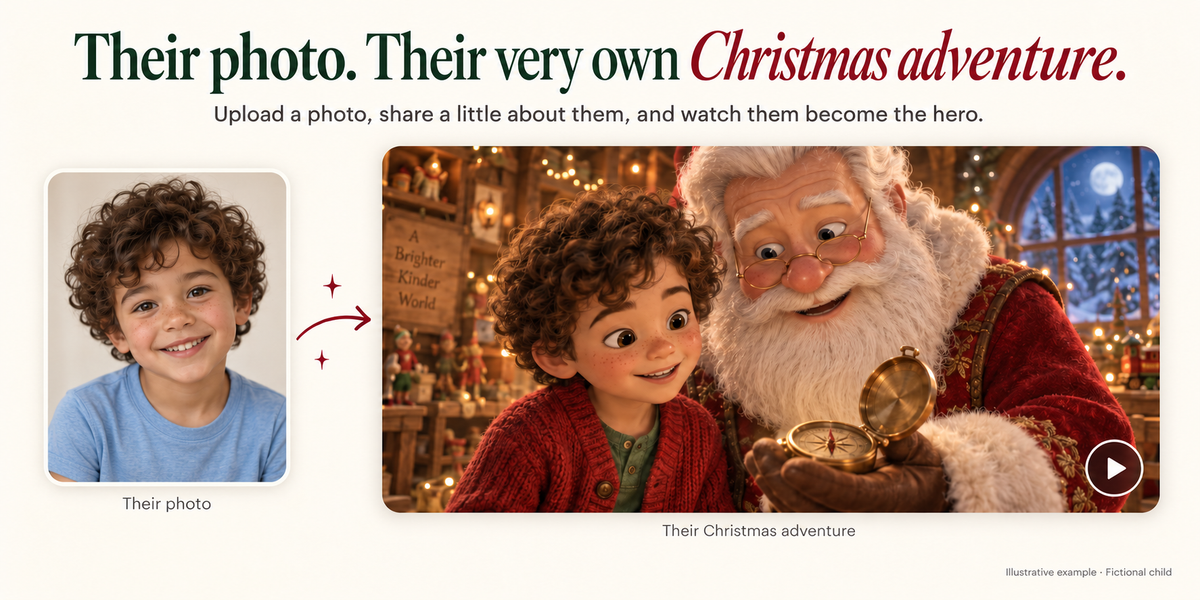 Their photo. Their very own Christmas adventure. A fictional child in an everyday blue T-shirt becomes an animated character in Christmas clothes beside Santa.